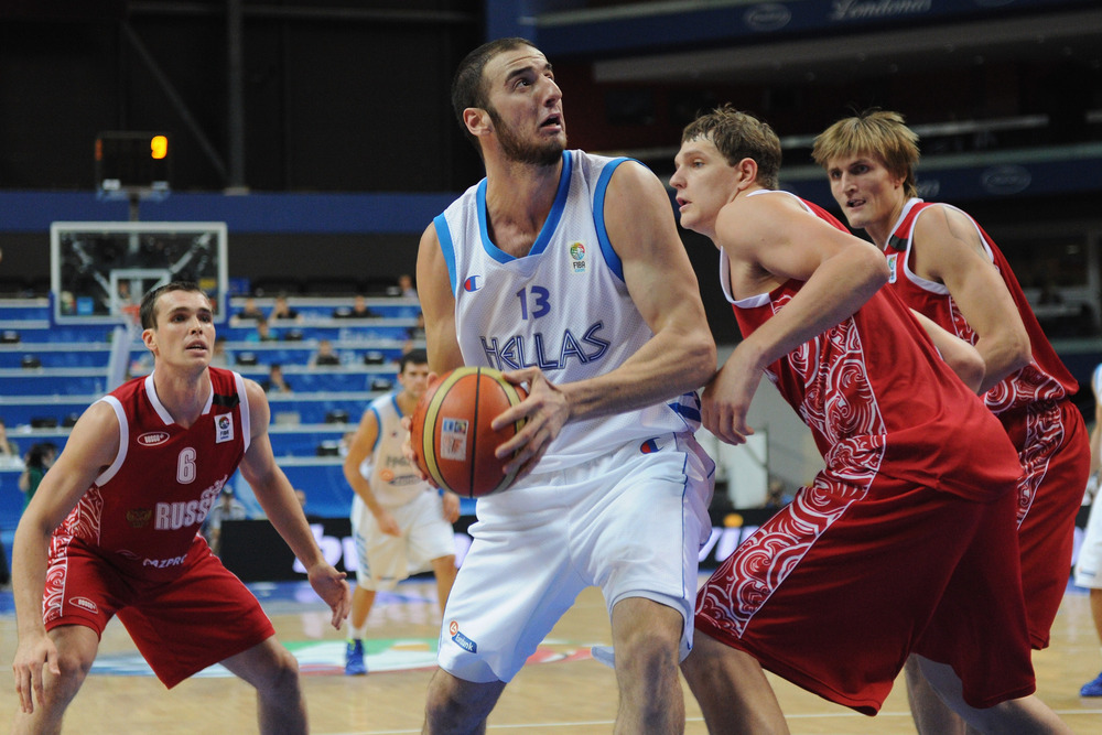 Timofey Mozgov defending NBA teammate Kostas Koufos during the EuroBasket 2011.