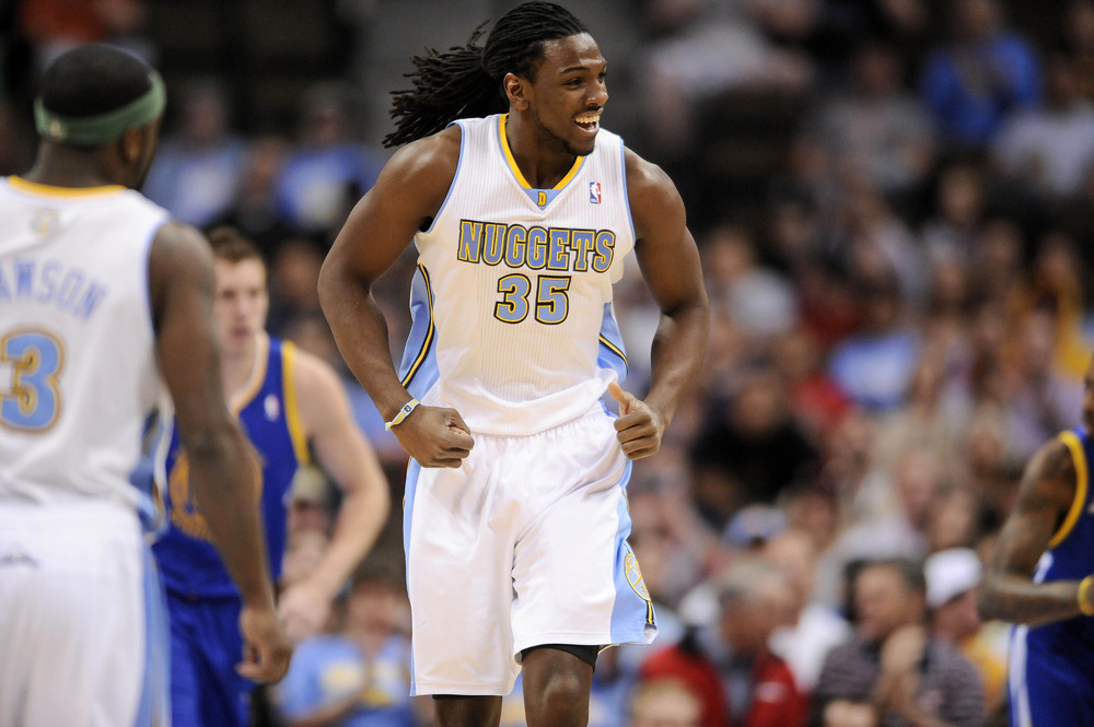 April 9, 2012; Denver, CO, USA; Denver Nuggets forward Kenneth Faried (35) reacts to his basket against the Golden State Warriors during the first quarter at the Pepsi Center. Mandatory Credit: Ron Chenoy-US PRESSWIRE