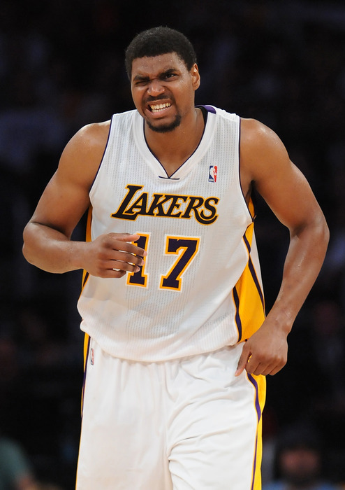 Blocked shots or three-second voilations? Only Andrew Bynum and George Karl know for sure.