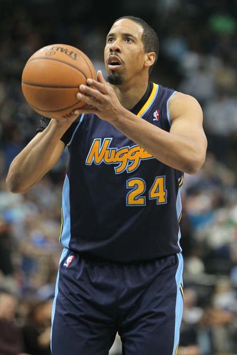 Mar 25, 2012; Minneapolis, MN, USA; Denver Nuggets guard Andre Miller (24) against the Minnesota Timberwolves at the Target Center. The Timberwolves defeated the Nuggets 117-100. Mandatory Credit: Brace Hemmelgarn-US PRESSWIRE