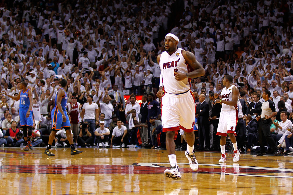 MIAMI, FL - JUNE 19:  LeBron James #6 of the Miami Heat runs up court in the second half against the Oklahoma City Thunder in Game Four of the 2012 NBA Finals on June 19, 2012 at American Airlines Arena in Miami, Florida. 