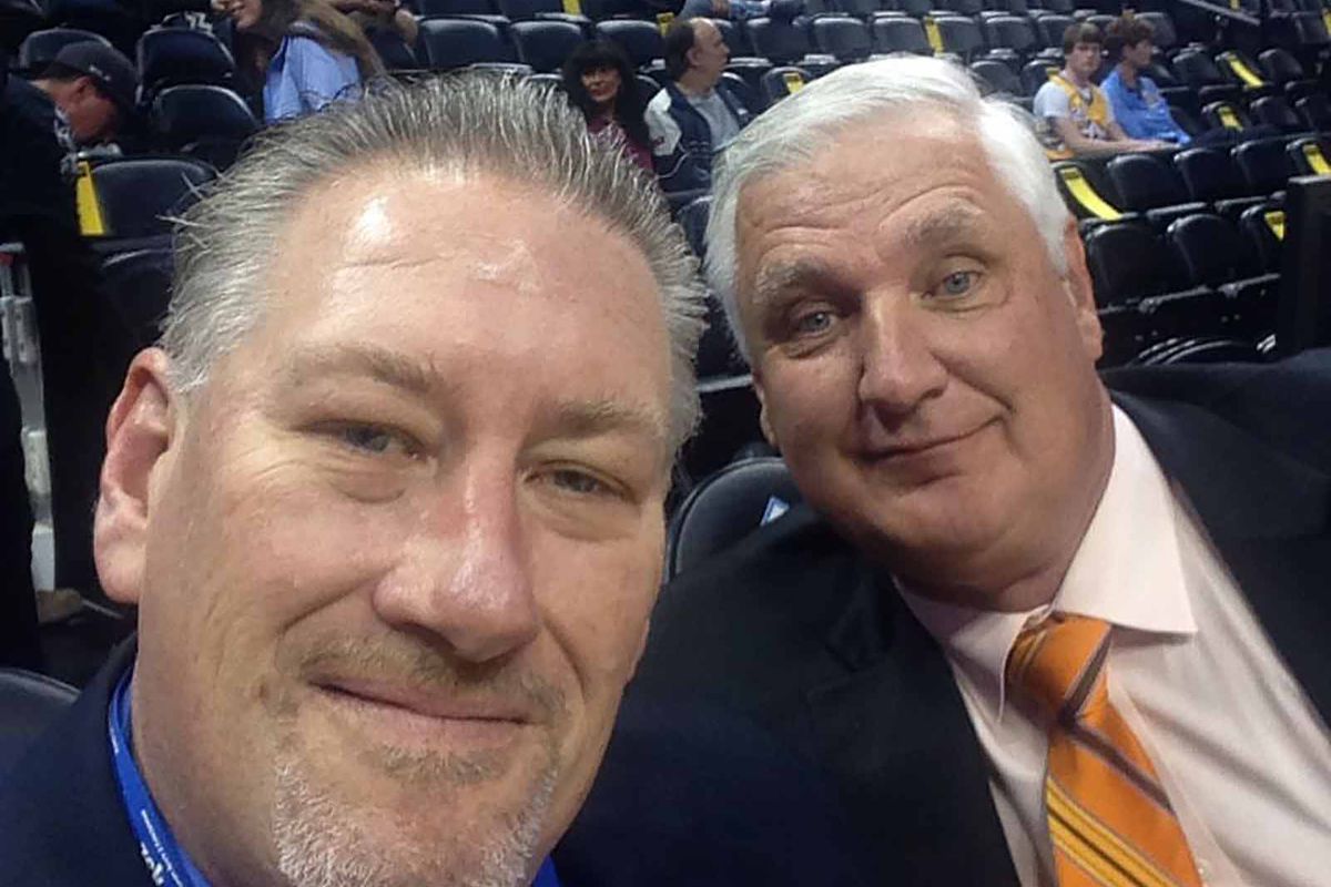 Two good and funny dudes. Scott Hastings shares a happy moment with the late Bret Bearup.