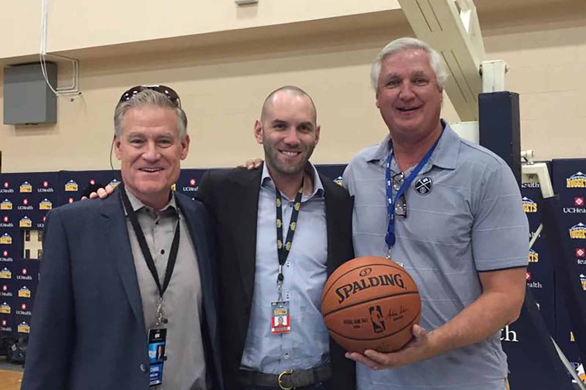 Scott Hastings shares a happy moment with his fellow broadcaster Chris Marlowe and Denver Stiffs co-founder Andrew Feinstein