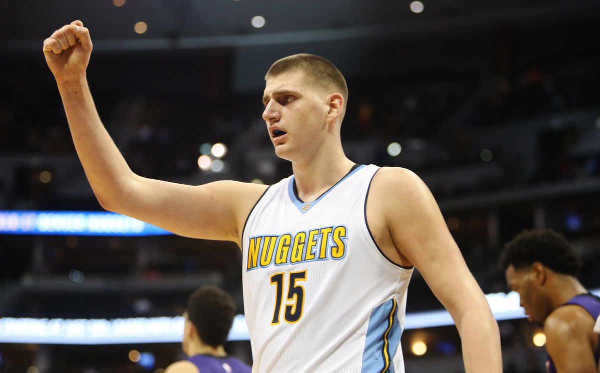Jan 26, 2017; Denver, CO, USA; Denver Nuggets forward Nikola Jokic (15) reacts during the second half against the Phoenix Suns at Pepsi Center. The Nuggets won 127-120. Mandatory Credit: Chris Humphreys-USA TODAY Sports