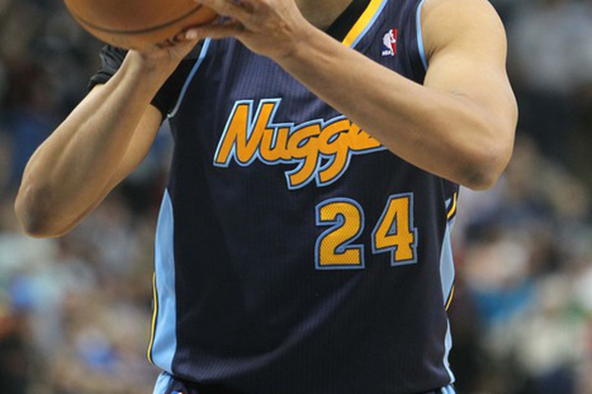 Mar 25, 2012; Minneapolis, MN, USA; Denver Nuggets guard Andre Miller (24) against the Minnesota Timberwolves at the Target Center. The Timberwolves defeated the Nuggets 117-100. Mandatory Credit: Brace Hemmelgarn-US PRESSWIRE