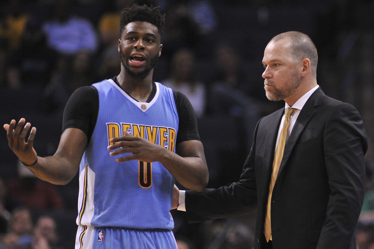 The made-up story I tell myself: Mudiay is trying to explain a turnover and Malone is trying to remain calm