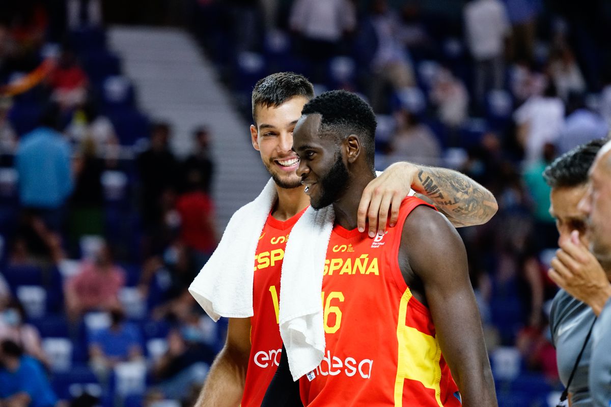 Willy Hernan Gomez (L) and Usman Garuba (R) of Spain seen in...